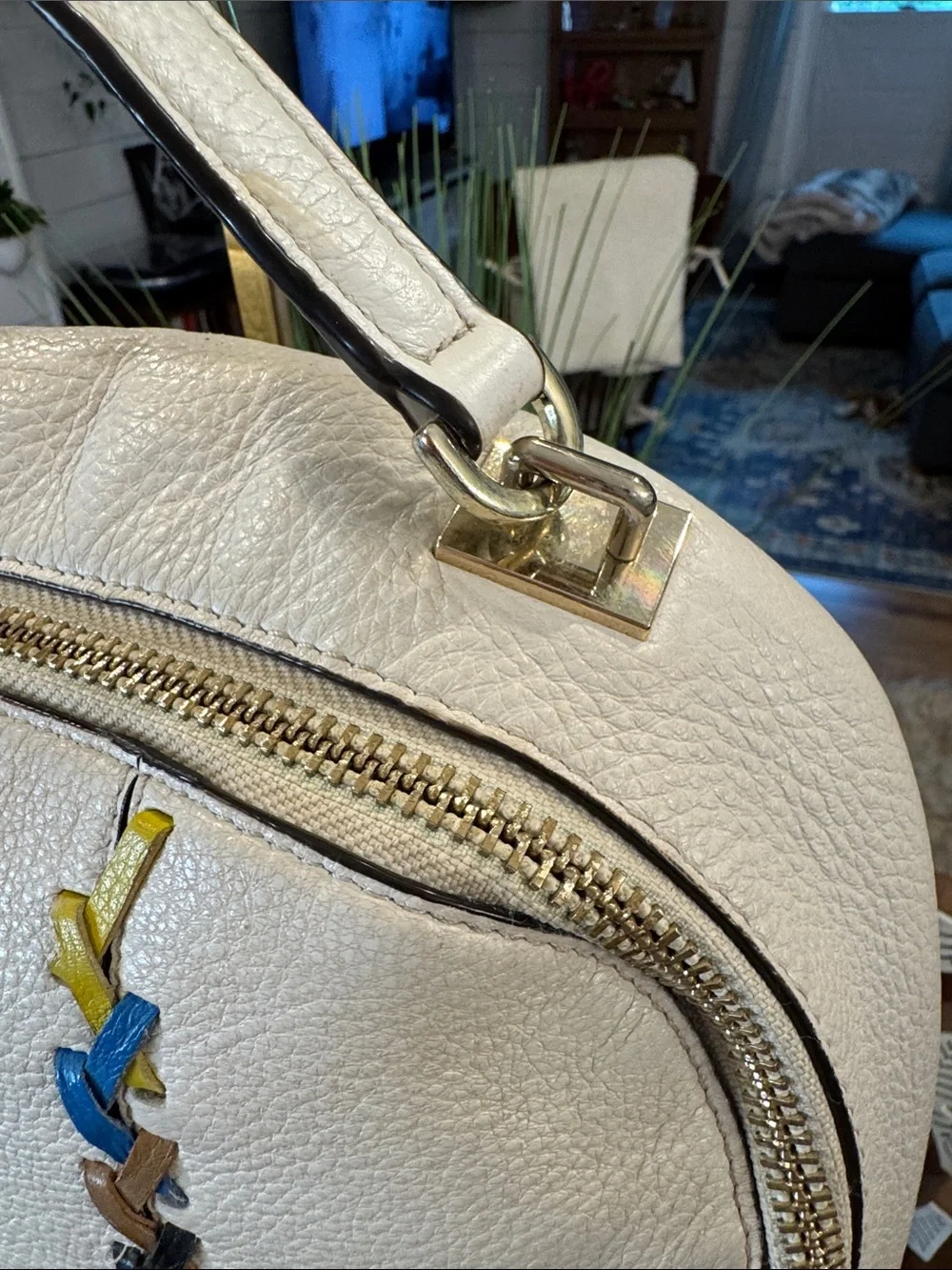 Henri Bendel White Leather Backpack with Multicolor Stitching